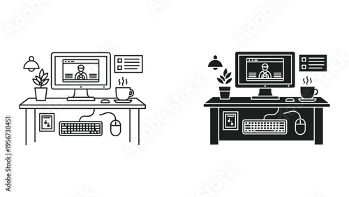 Minimalist Home Office Setup with Computer, Keyboard, Mouse, Plant, Lamp, and Coffee - Line Art and Solid Icons
