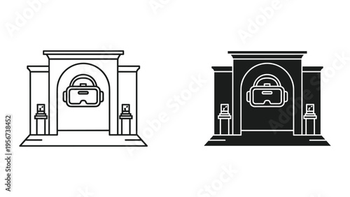 Virtual Reality VR Headset Displayed in Museum Exhibit, Line Art and Silhouette