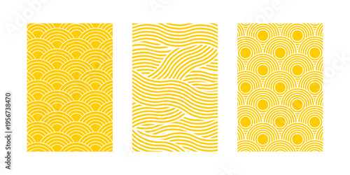 Set of vertical posters with pasta, ramen, spaghetti or noodle textures for Italian or Japanese cuisine restaurant or cafe decoration. Background with round and curvy intersecting yellow lines print.