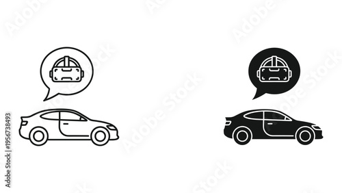Car with VR headset in speech bubble icon, line art and solid black versions
