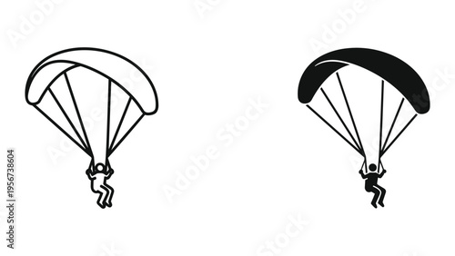 Parachuting Icon Set: Outline and Silhouette of Paraglider and Parachutist