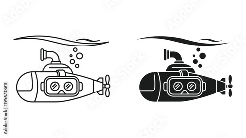 Two Submarine Icons: Line Art and Solid Black, Both Wearing VR Goggles Underwater