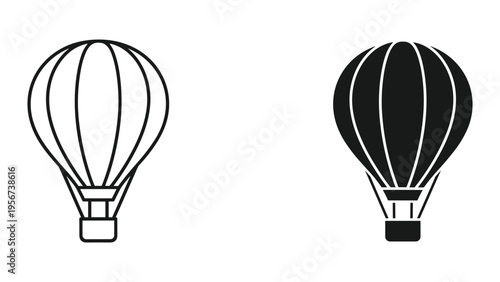 Hot Air Balloon Icon Set: Outline and Solid Fill Silhouette for Travel and Adventure