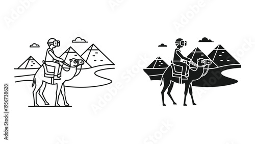 Man riding camel with VR headset in front of Egyptian pyramids, dual style illustration