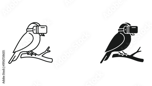 Bird wearing VR headset, outline and silhouette style, on branch