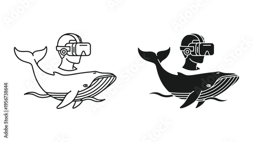 Man with VR headset interacting with whale in virtual reality, outline and silhouette icons