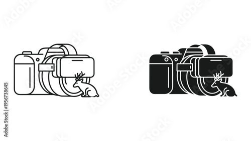 Wildlife Photography Icon: Camera and Deer Silhouette, Outline and Solid Styles