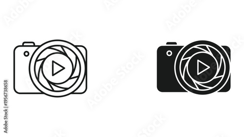 Camera Icon with Play Button Symbol and Aperture, Line and Filled Versions