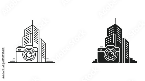 Real Estate Photography Logo: Camera and City Buildings Silhouette Icon
