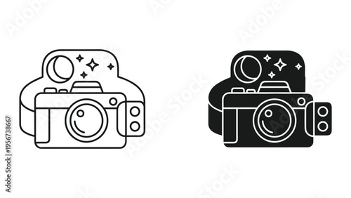 Camera with Moon and Stars Icon Set - Line Art and Silhouette