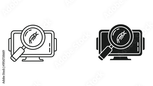 Computer Bug Search Icon: Magnifying Glass Inspecting Insect on Screen, Line Art and Silhouette