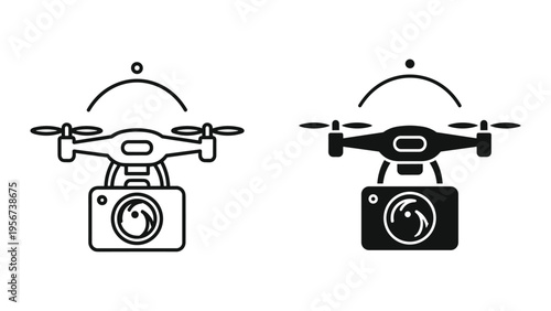 Drone with Camera Icon - Line Art and Silhouette, Aerial Photography Symbol