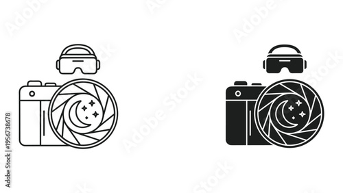 Camera Lens Aperture with Moon, Stars, and VR Goggles Icon Set - Line and Solid Styles