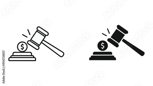 Lawyer's Gavel Striking Dollar Coin on Block, Symbolizing Financial Justice, Auction, Legal Fees, Law, Finance, Money