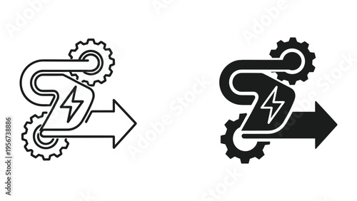 Energy transformation and power generation icon, symbolizing conversion, efficiency, and progress with gears and lightning bolt.
