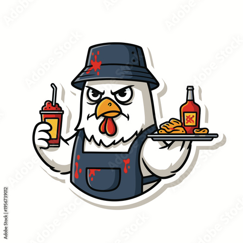 Angry Chicken Wearing Apron Holding Tray.