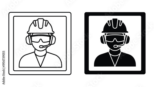 Construction Worker Icon with Hard Hat, Safety Glasses, and Headset - Line Art and Silhouette