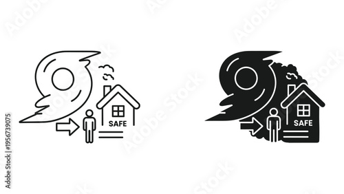 Hurricane Safety Icon: Person moving to a safe house during a storm