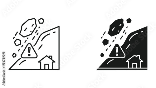 Landslide Warning Sign and House Icon, Rockfall Hazard Alert, Natural Disaster Danger