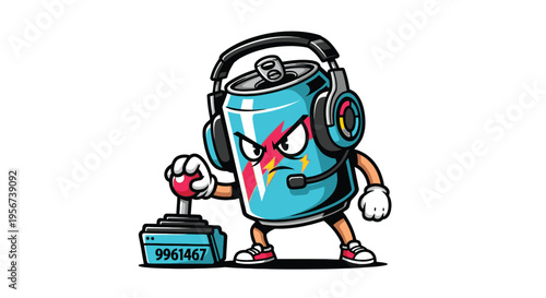 Cartoon can with headphones and joystick.