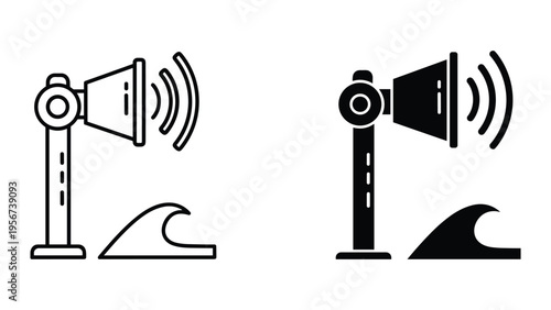 Sound wave amplifier icon with ocean wave symbol in line and silhouette styles.