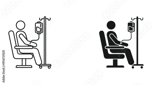 Patient receiving IV infusion drip treatment in chair, medical icon set