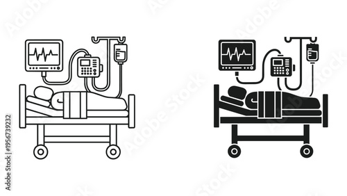 Hospital Patient with EKG, IV Drip, and Medical Monitor Icons Set - Line and Silhouette