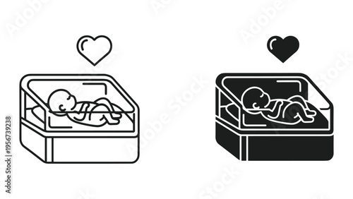Newborn Baby in Bassinet Icon with Heart, Outline and Solid Version