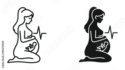 Pregnant Woman with Fetus and Heartbeat Icon - Pregnancy Health and Wellness Symbol