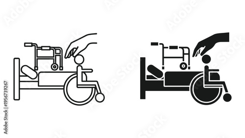 Disability Care Icon: Person in Wheelchair, Bed, Walker, and Helping Hand Symbol