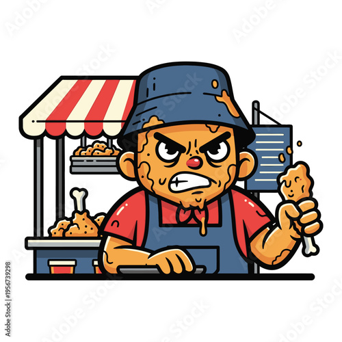 Cartoon angry chef holding chicken.