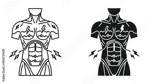 Human Torso with Lightning Bolts Representing Pain or Energy Flow, Line Art and Silhouette