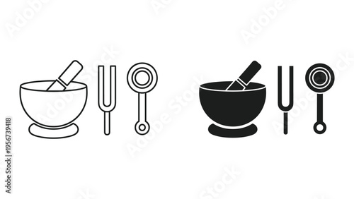 Mortar and Pestle, Tuning Forks, Medicine Spoon Icons: Line Art and Silhouette
