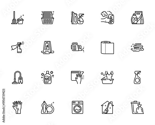 Cleaning icon set. Minimal line vector icons pack. Includes mop, laundry, iron, detergent, vacuum, gloves, washing machine, garbage and more. Editable stroke.