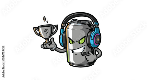 Cartoon soda can with headphones trophy.
