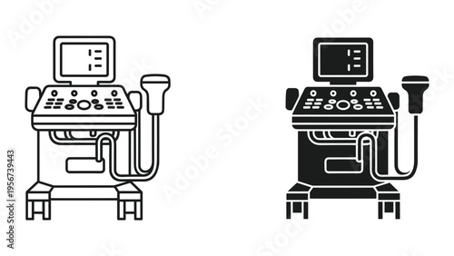 Ultrasound Machine Icon: Medical Imaging Equipment with Transducer - Line Art and Silhouette