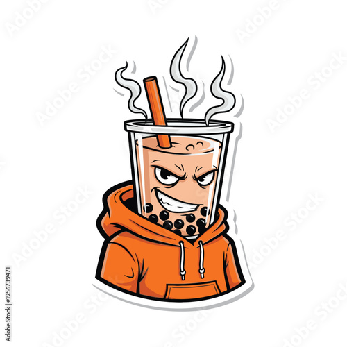 Cartoon boba tea with face.