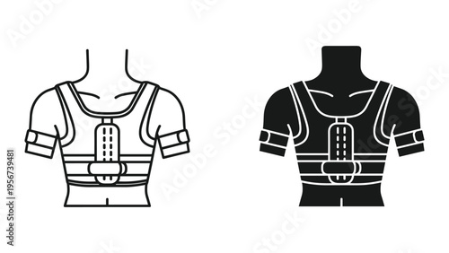 Body Harness and EMS Device Icon Set: Line Art and Silhouette for Fitness and Technology