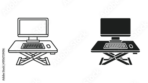 Adjustable Standing Desk Converter with Computer, Keyboard, and Mouse - Line Art and Solid Icon