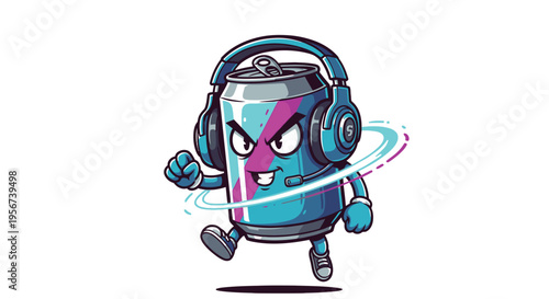 Cartoon soda can wearing headphones running 2.