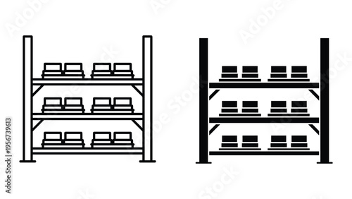 Two Shelving Units with Stacked Boxes, Line Art and Solid Black Icons