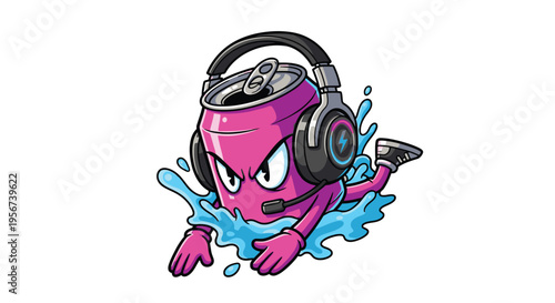 Pink cartoon character wearing headphones swimming.