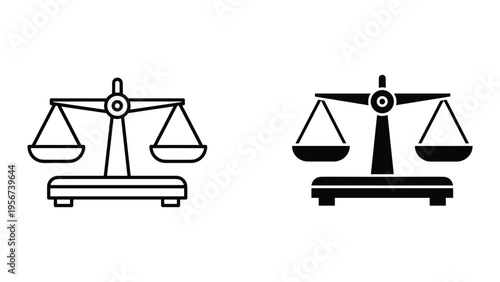 Justice Scales Icon Set: Line Art and Solid Black Icons Representing Balance, Law, and Equality