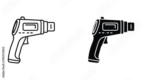 Infrared Thermometer Icon - Line Art and Silhouette Set for Temperature Measurement