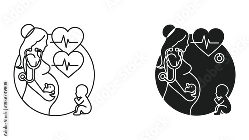 Pregnancy Care Icon: Doctor with Stethoscope, Pregnant Woman, Fetus, Baby, Heartbeat EKG