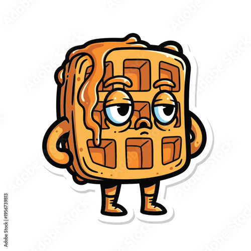Cartoon waffle character with sad face.