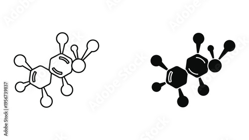 Molecular Structure Icon Set: Outline and Silhouette of a Chemical Molecule