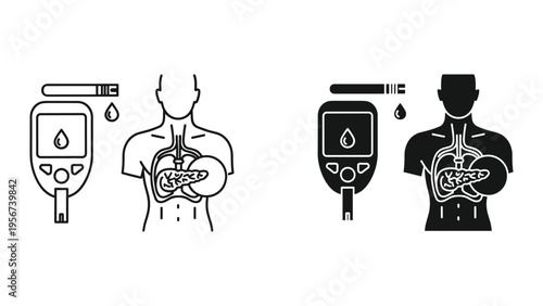 Diabetes blood glucose monitoring and insulin resistance concept icons, dual representation