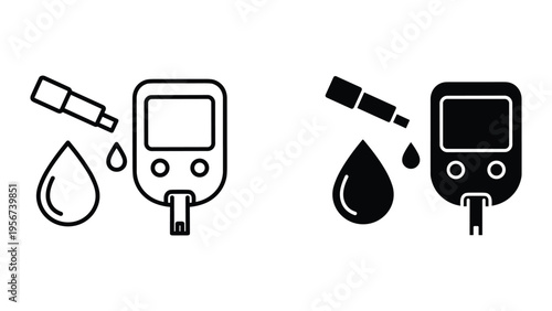 Blood Glucose Meter and Drop Icons: Diabetes Testing and Monitoring Set