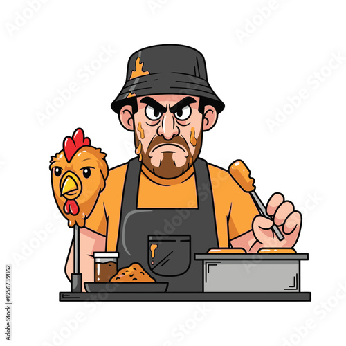 Man wearing apron holding chicken food.